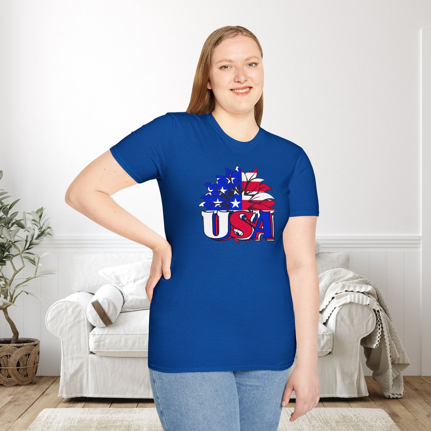 USA Red, White, and Blue Flag Sunflower Adult T-shirt