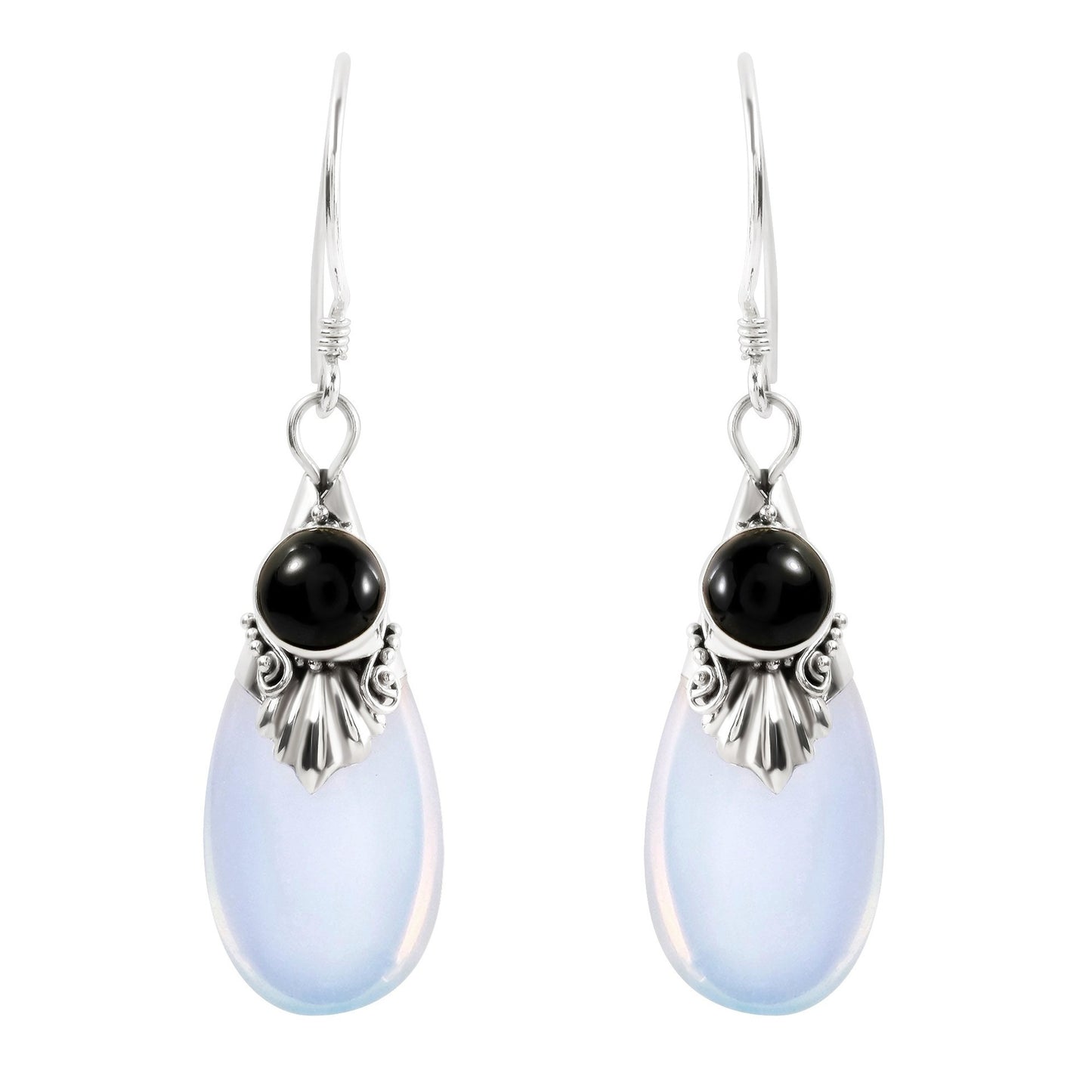 White Teardrop Moonstone Earrings w/Black Stone