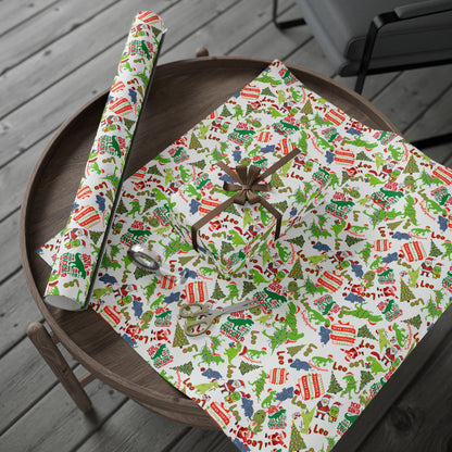 Dinosaur Santa Themed Custom Name Wrapping Paper (Leo)