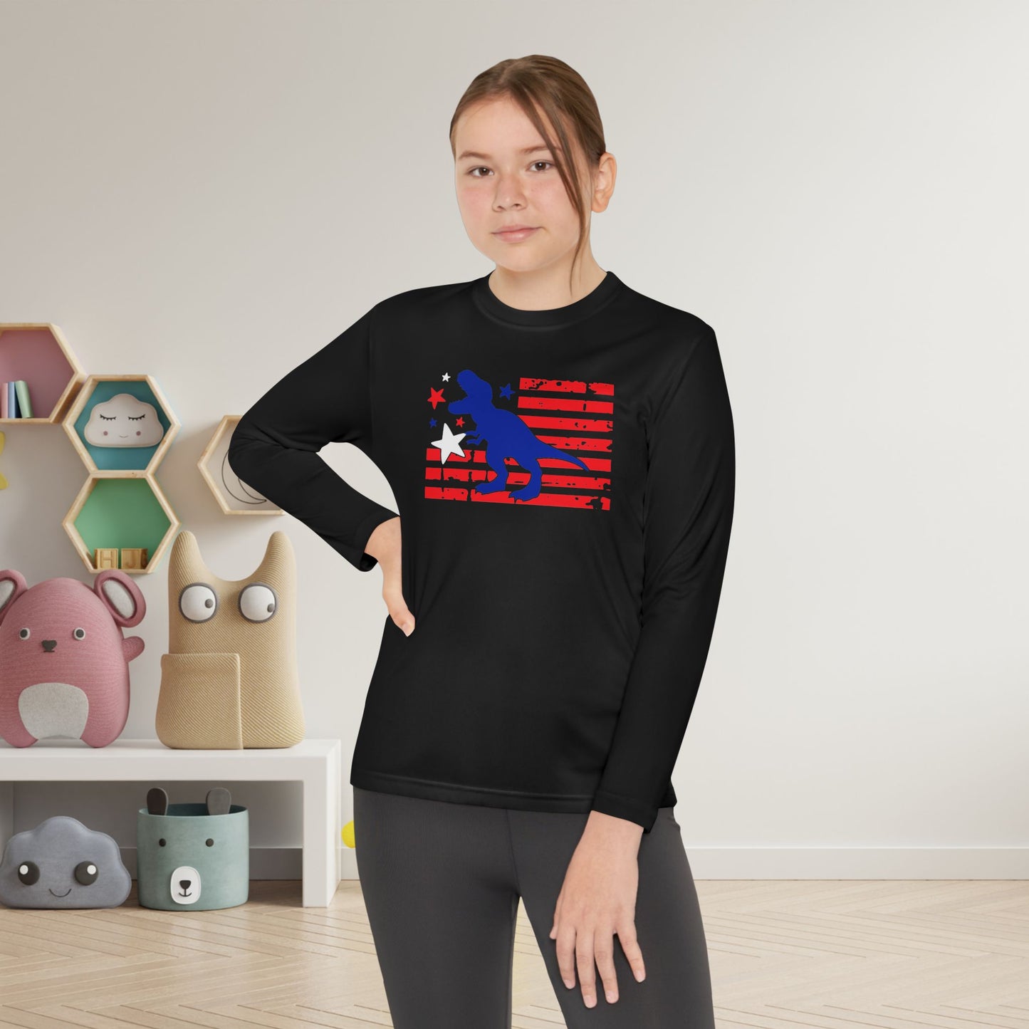 Distressed Patriotic T-Rex Youth Long Sleeve Tee