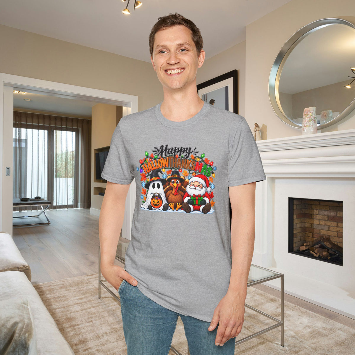 Happy Hallowthanksmas (String Lights) Adult T-shirt