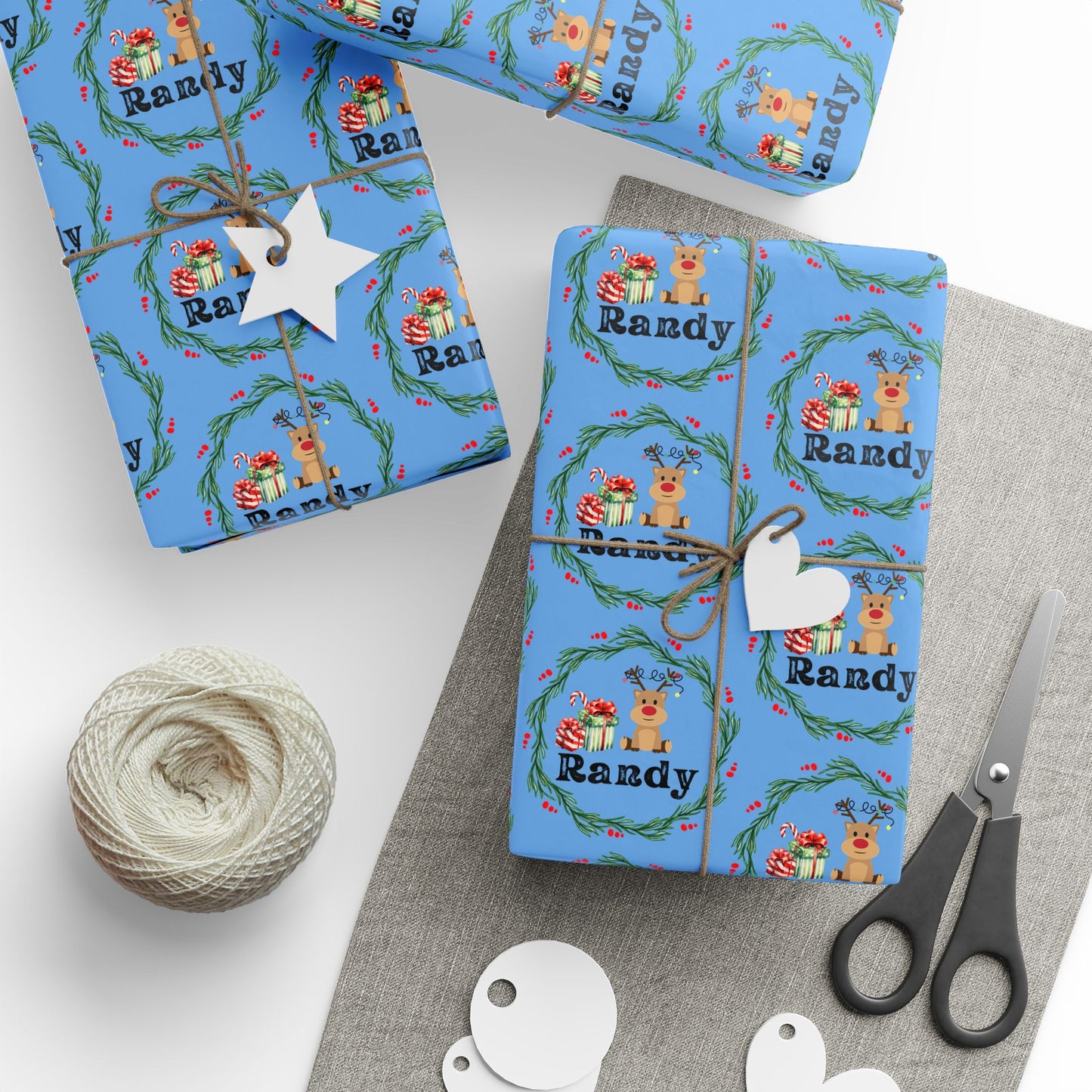 Cute Reindeer Wreath Custom Wrapping Paper (Randy)
