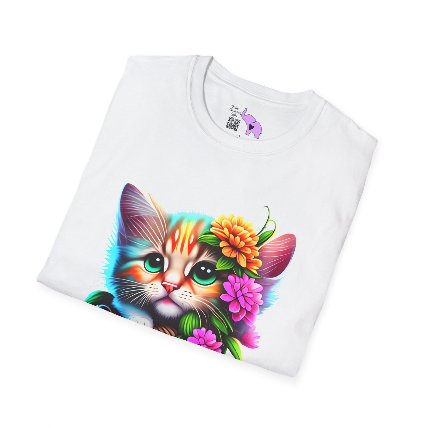 Cute Colorful Kitten in Flowers Adult T-shirt