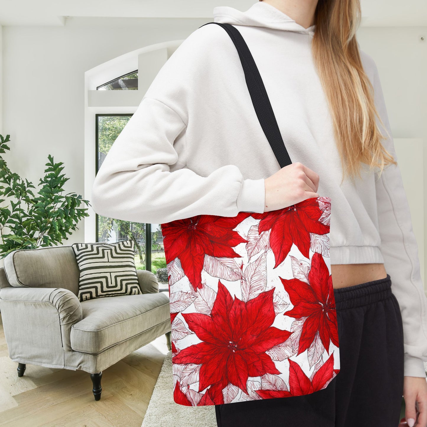 Crimson Poinsettia Sketch Canvas Tote Bag
