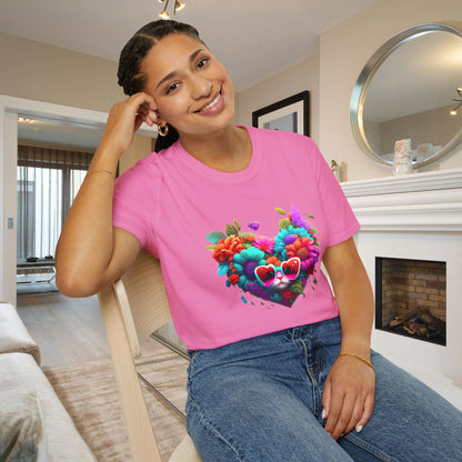 Colorful Flowers/Heart Kitten Adult T-shirt