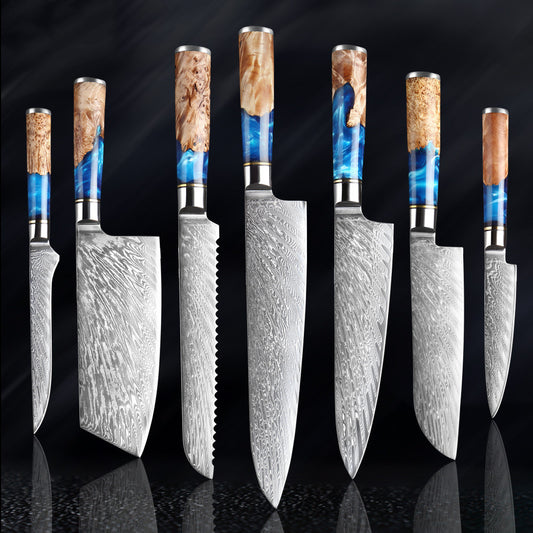 Damascus Steel Kitchen Knife Set w/Beautiful Wood Polished Handle