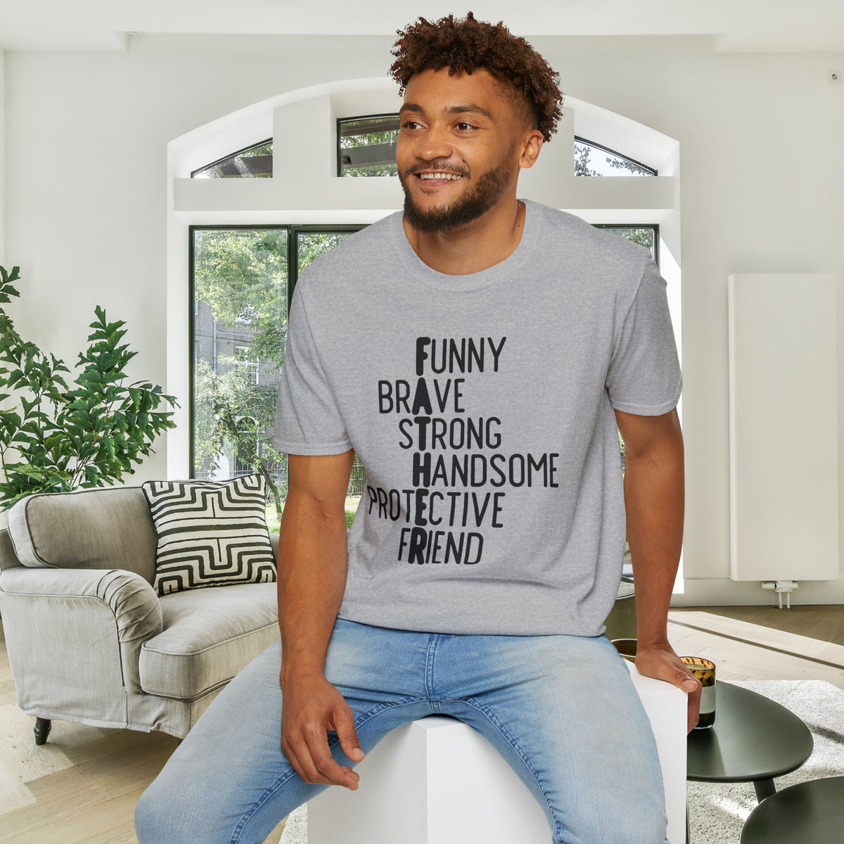 Father: Funny, Brave, Strong, Handsome, Protective, Friend Adult T-shirt