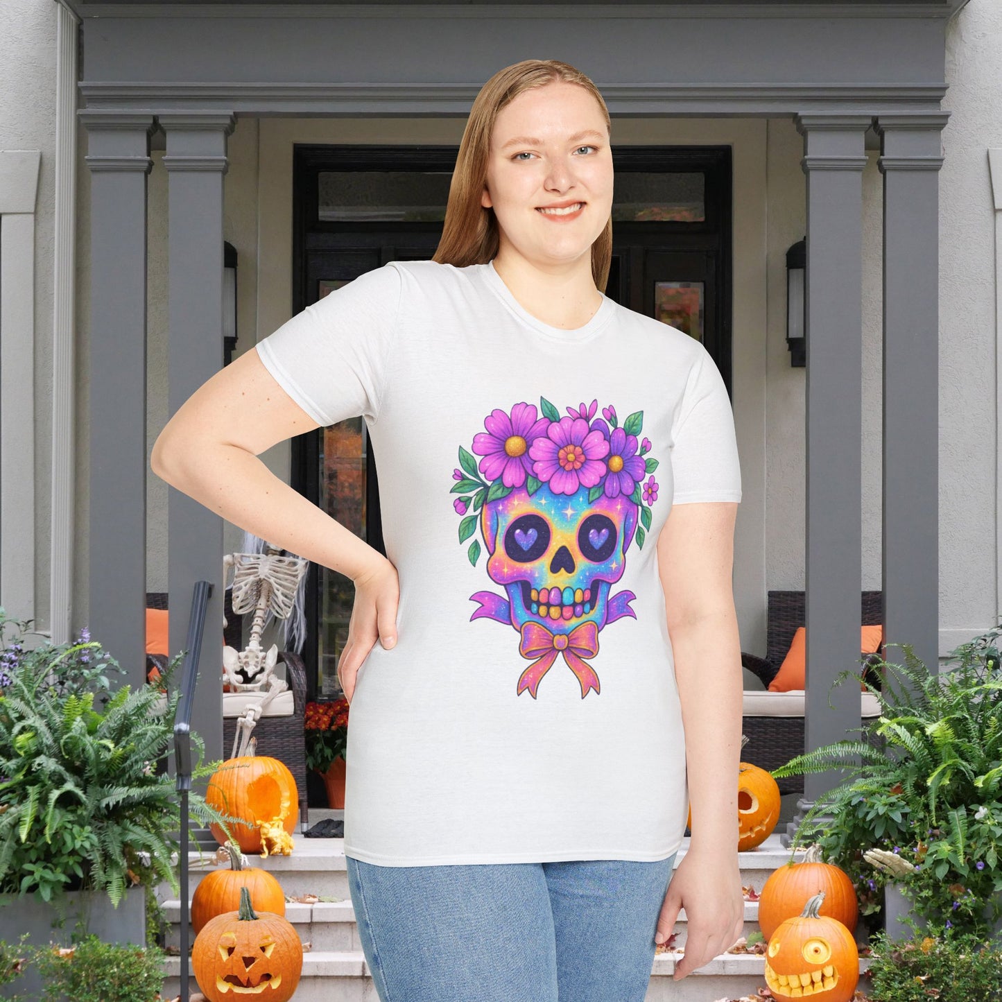 Neon Sugar Skull w/Floral Crown Adult T-shirt