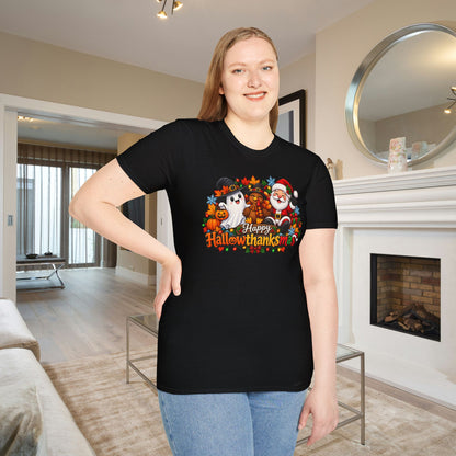Hallowthanksmas Shirt (Ghost/Turkey/Santa) Adult T-shirt