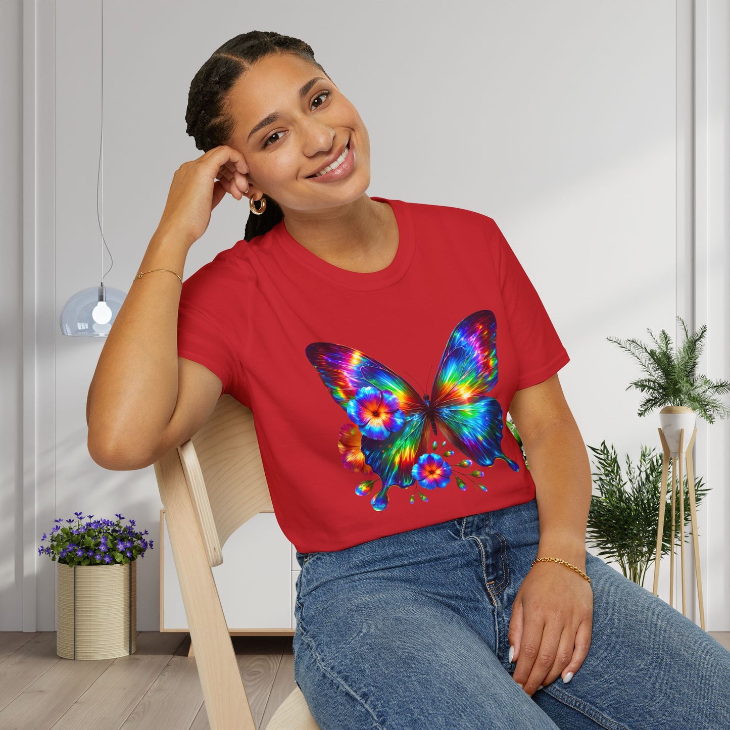 Colorful Butterfly & Flowers Adult T-shirt