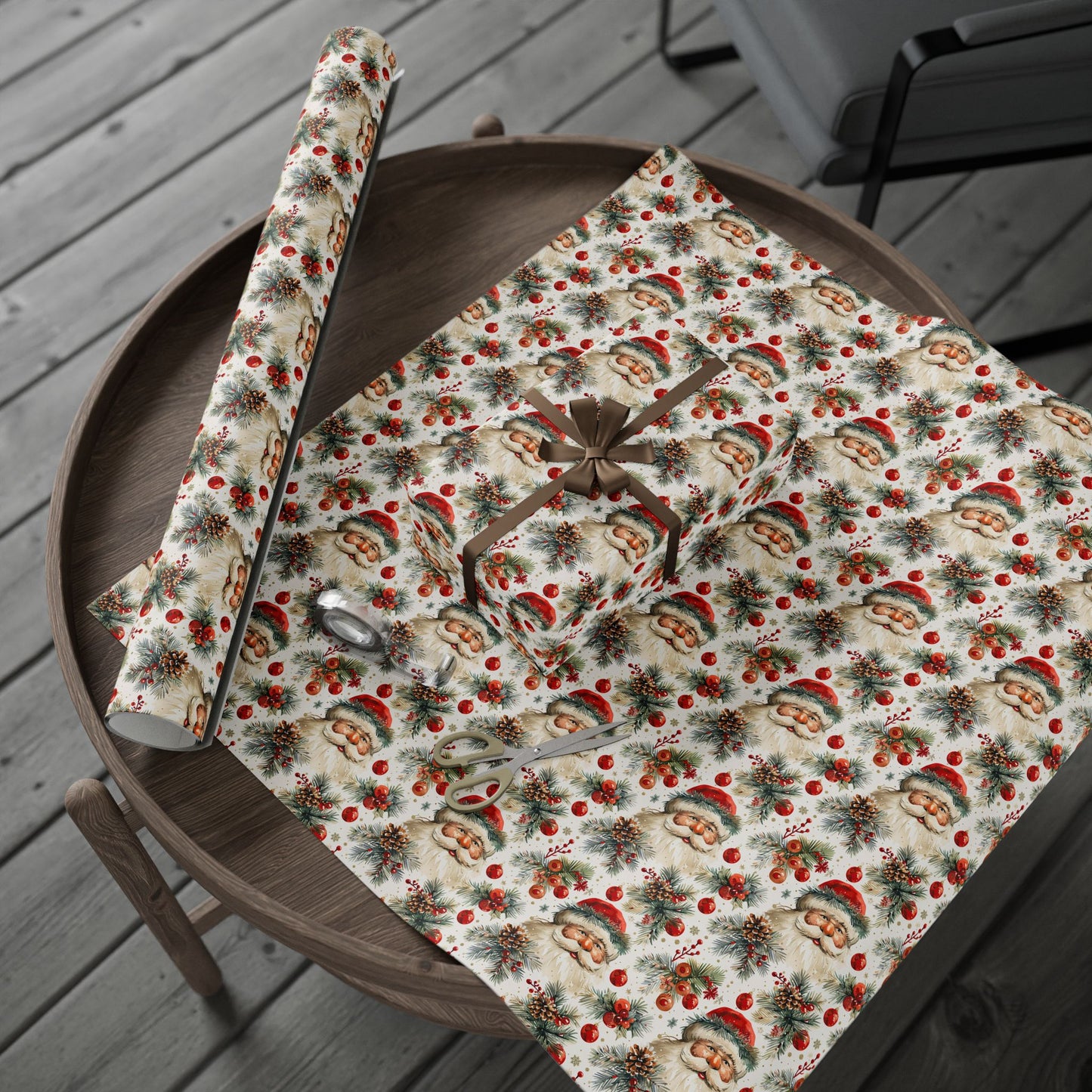Festive Santa & Holly Blooms Wrapping Paper