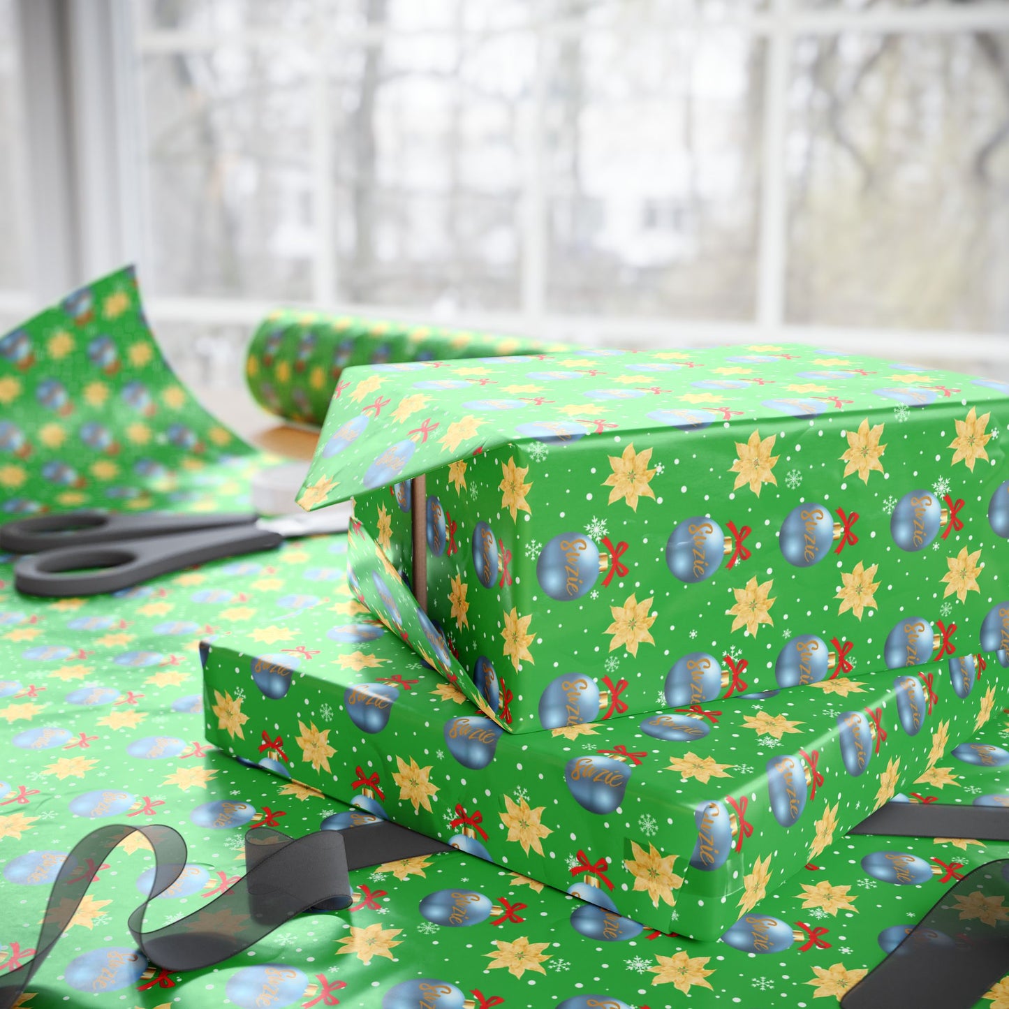 Blue Ornament Green Paper Custom Wrapping Paper (Suzie)