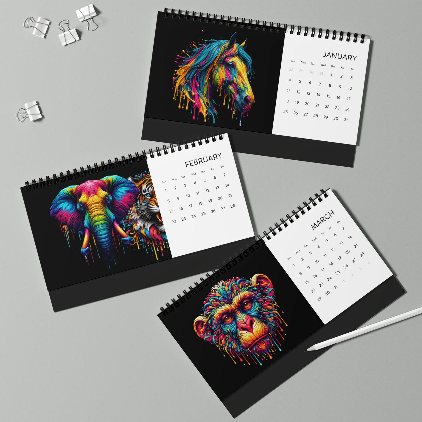 2026 Color Splash Animal Desktop Calendar — Grid Monthly Planner