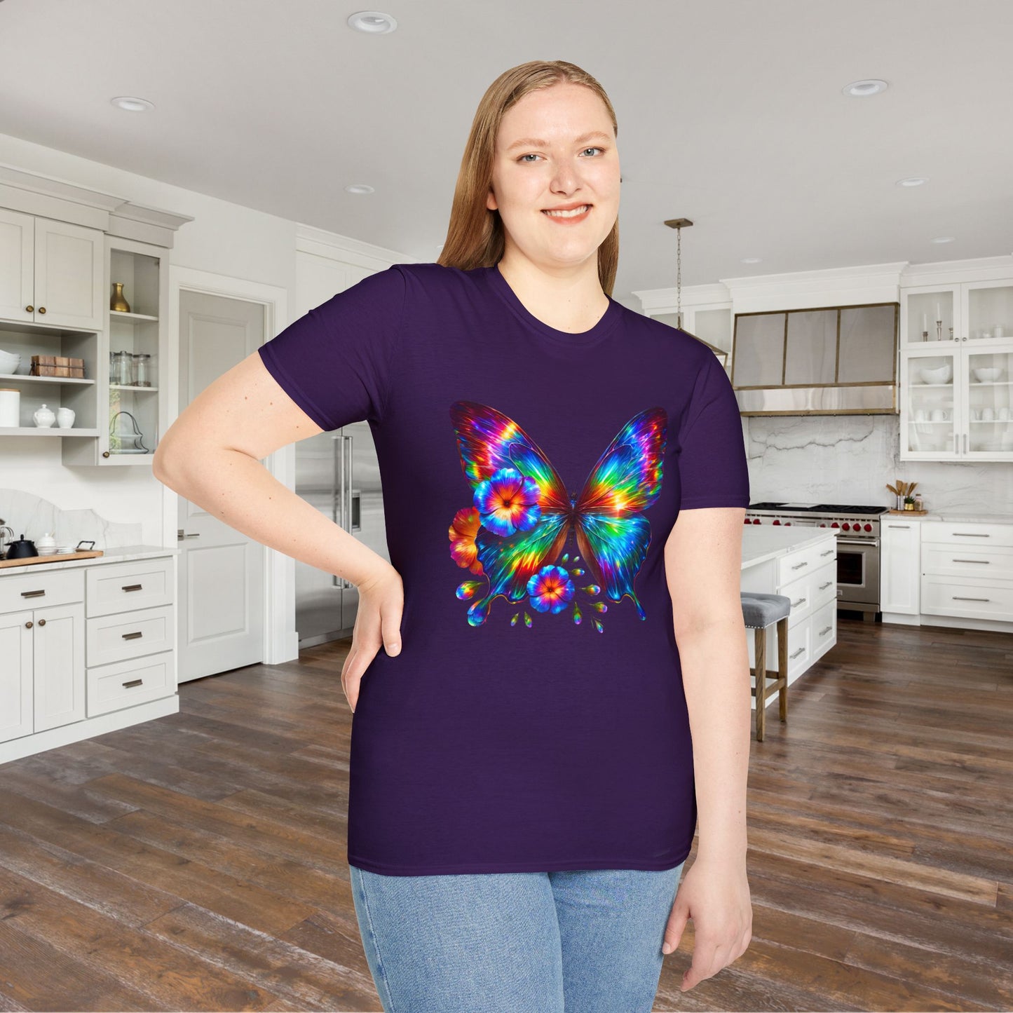 Colorful Butterfly & Flowers Adult T-shirt