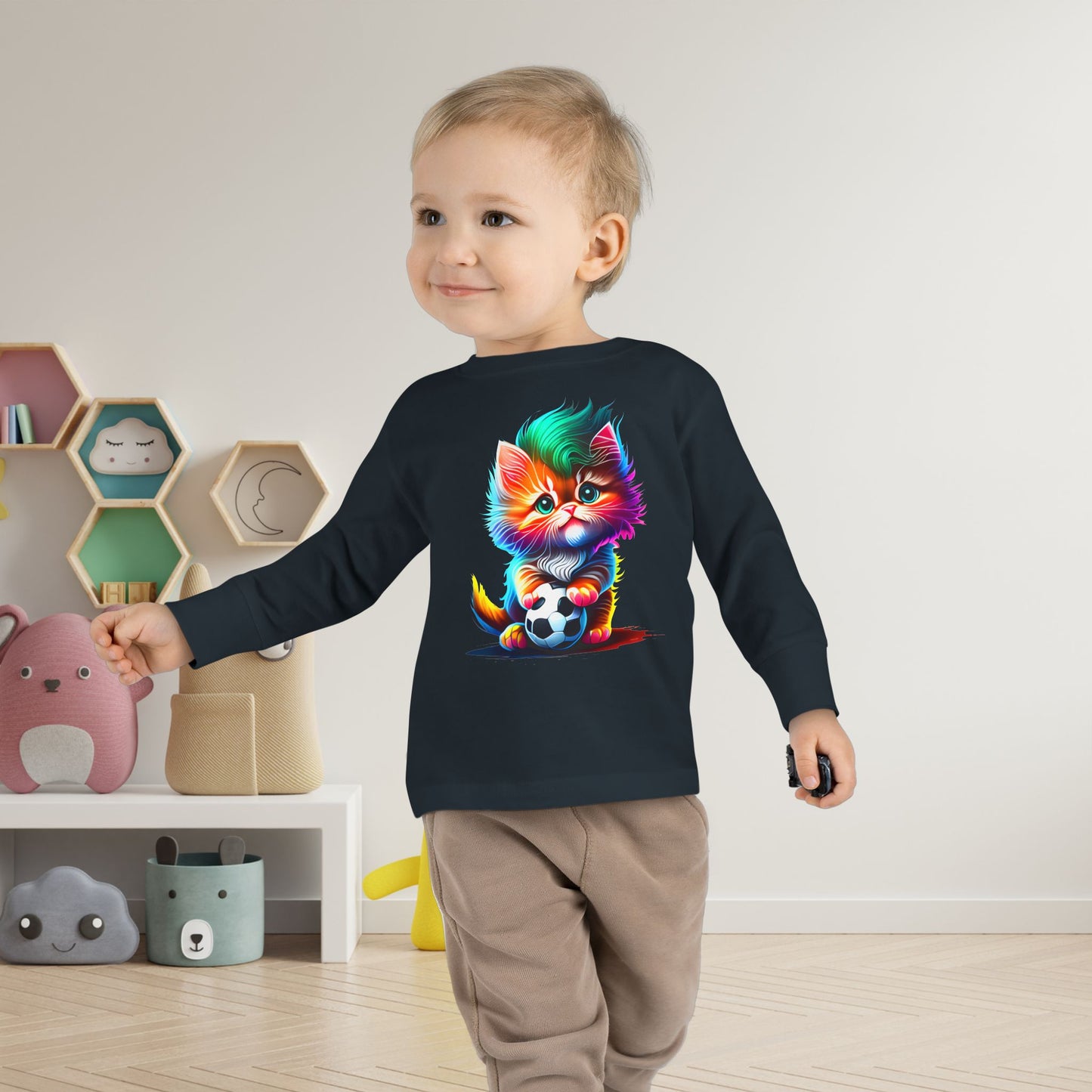 Cute Colorful Kitten w/Soccer Ball Toddler Long Sleeve Tee