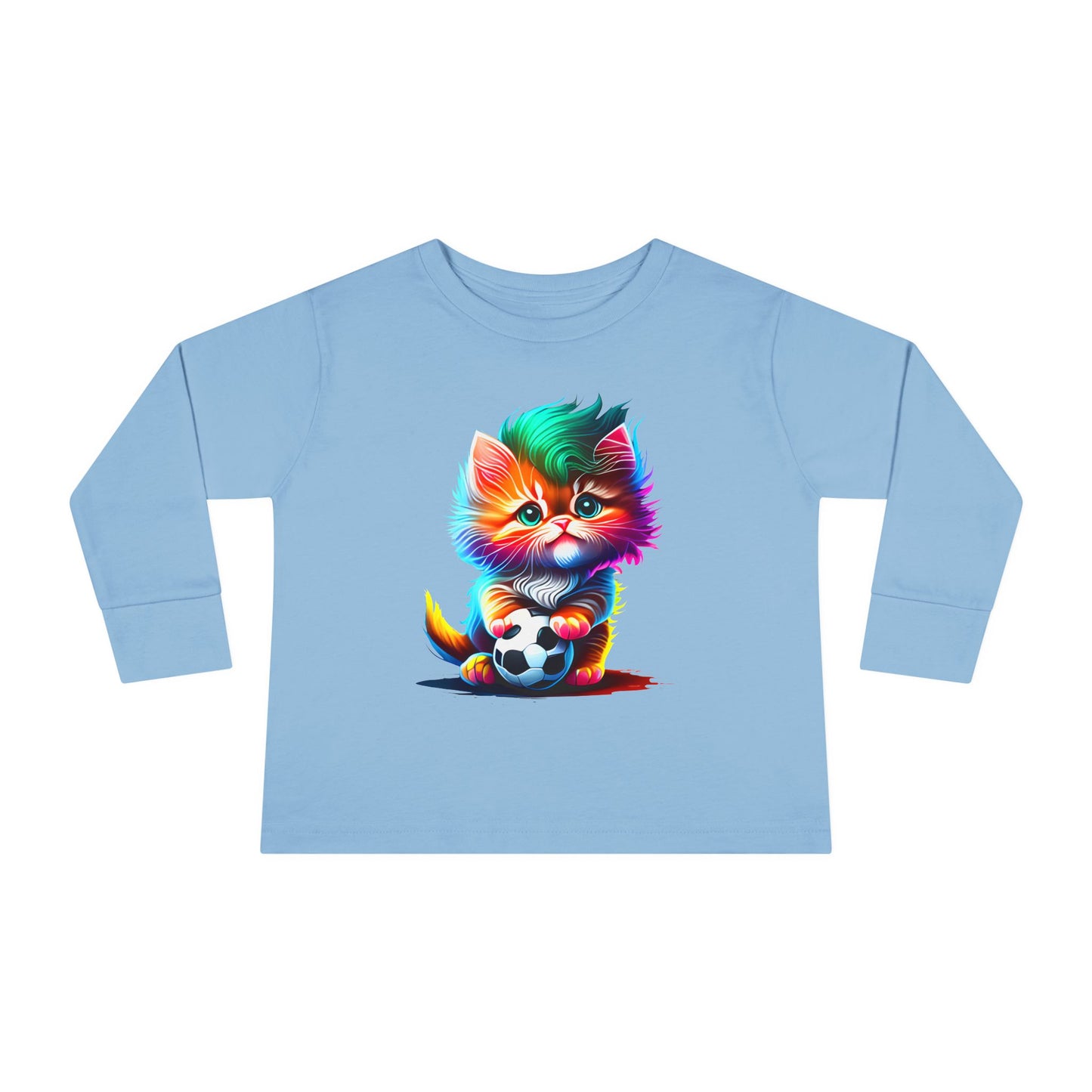 Cute Colorful Kitten w/Soccer Ball Toddler Long Sleeve Tee