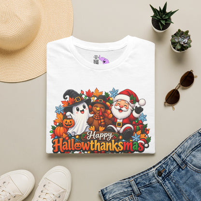 Hallowthanksmas Shirt (Ghost/Turkey/Santa) Adult T-shirt