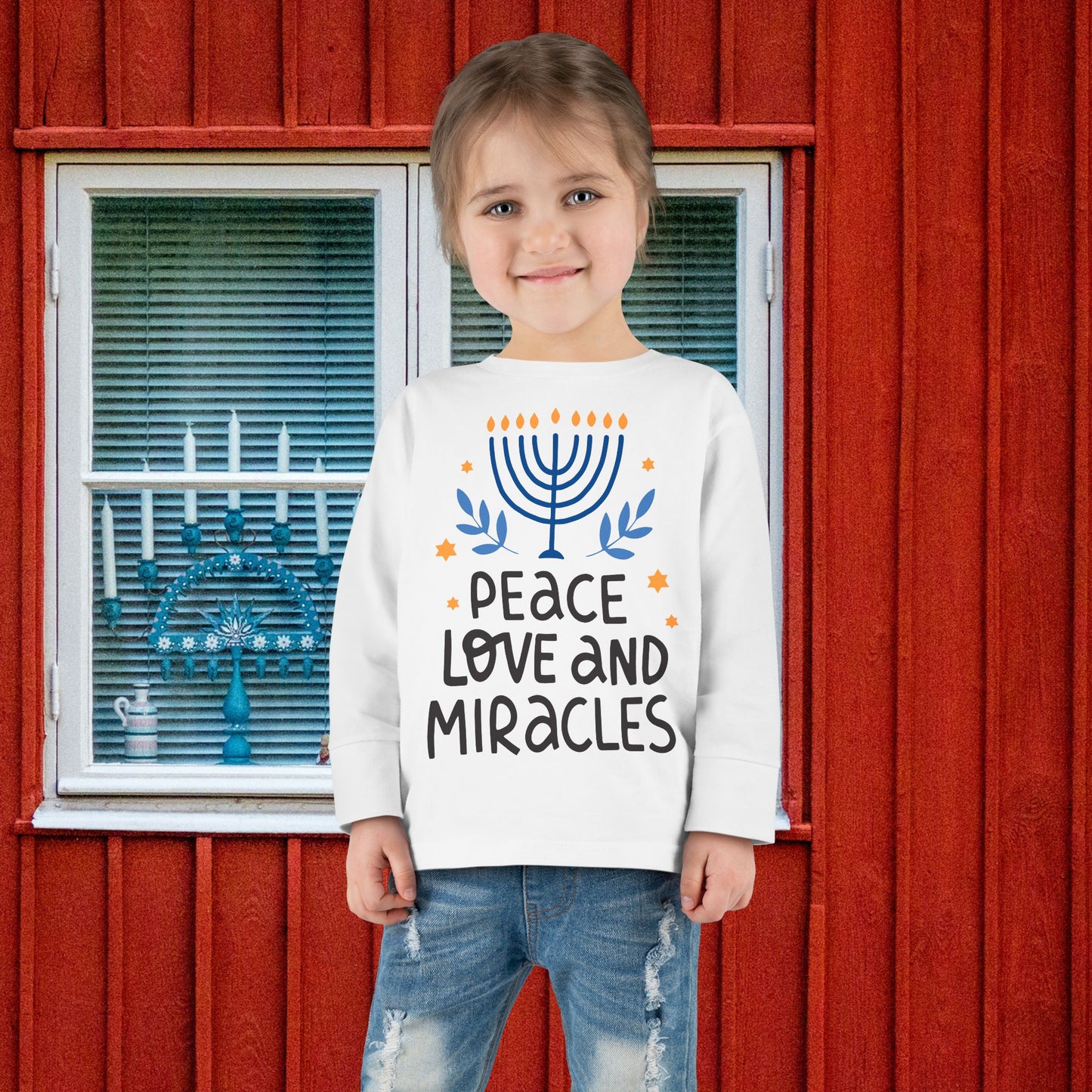 Hanukkah Peace Love & Miracles 1 Toddler Long Sleeve Tee