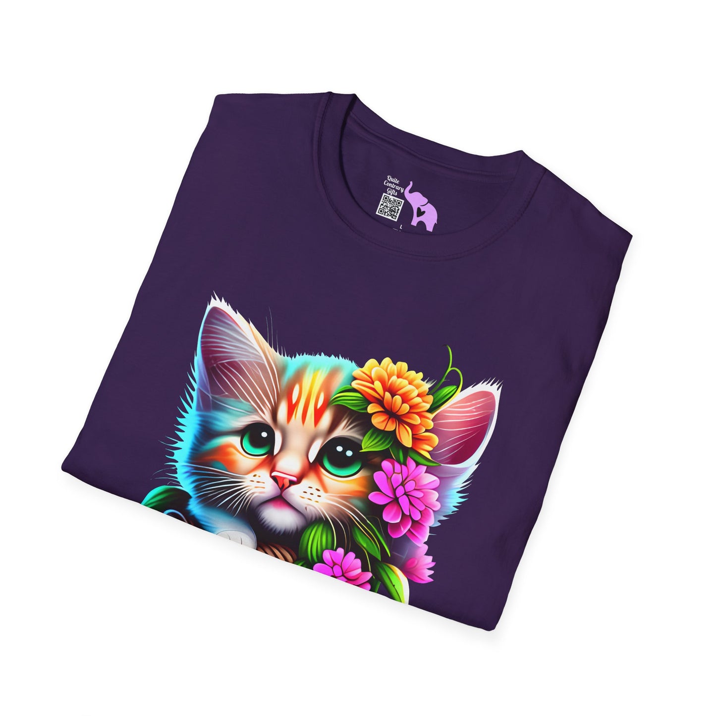 Cute Colorful Kitten in Flowers Adult T-shirt