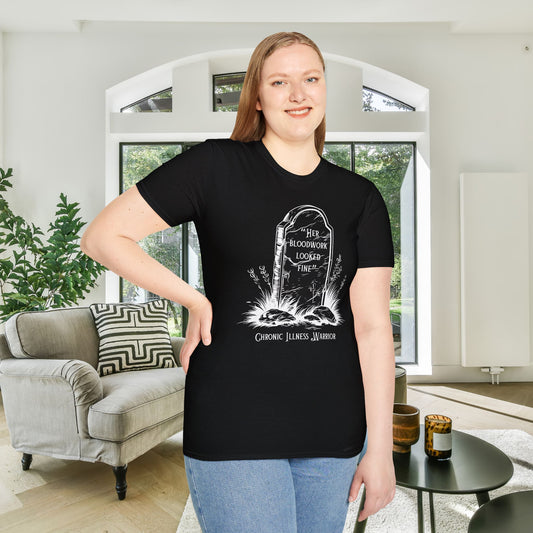 "Her Bloodwork Looked Fine" Headstone Adult T-shirt