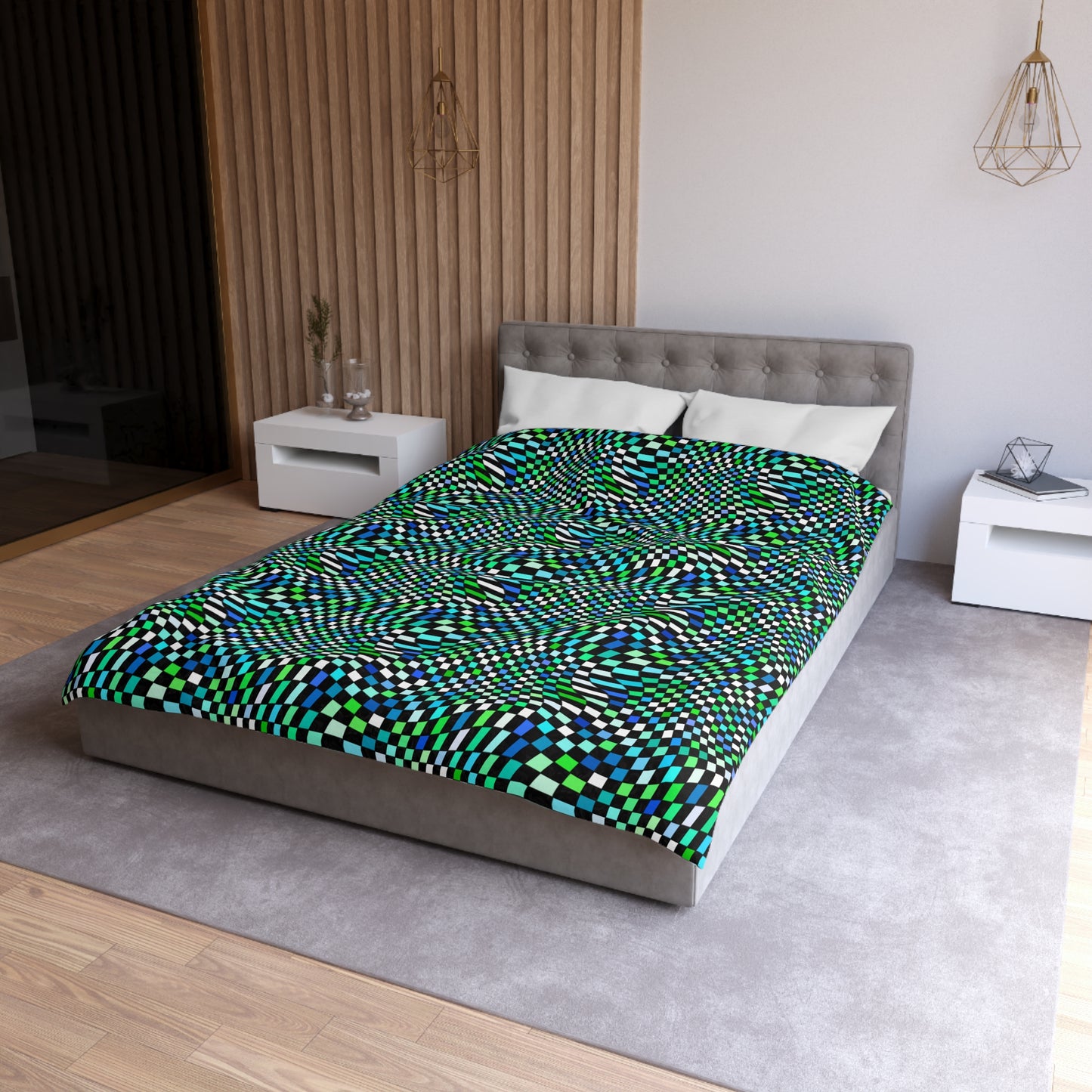Warped Green Checkered Microfiber Duvet Cover