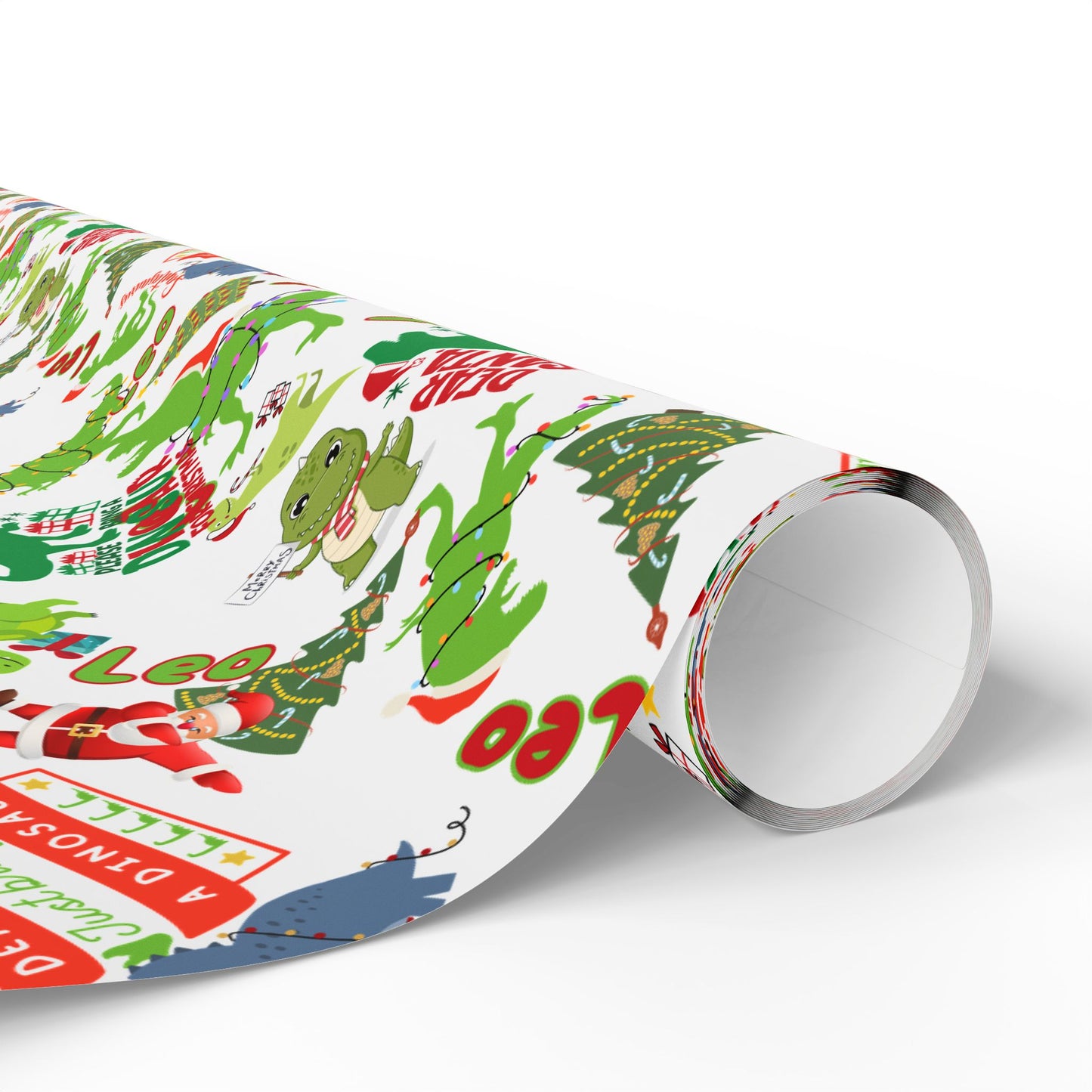 Dinosaur Santa Themed Custom Name Wrapping Paper (Leo)