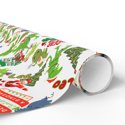 Dinosaur Santa Themed Custom Name Wrapping Paper (Leo)