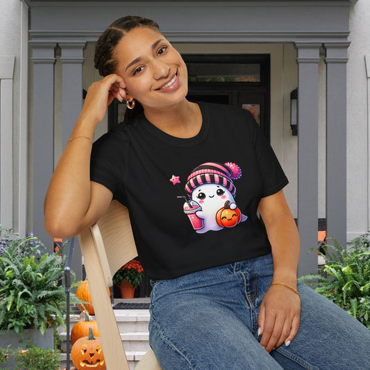 Cute Ghost w/Pumpkin and Pink Drink Adult T-shirt