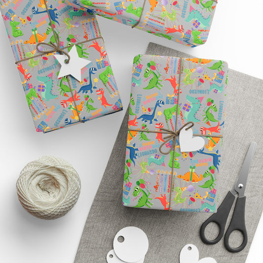 Birthday Dinosaur (Lt. Grey) Custom Name Wrapping Paper (Leonardo)