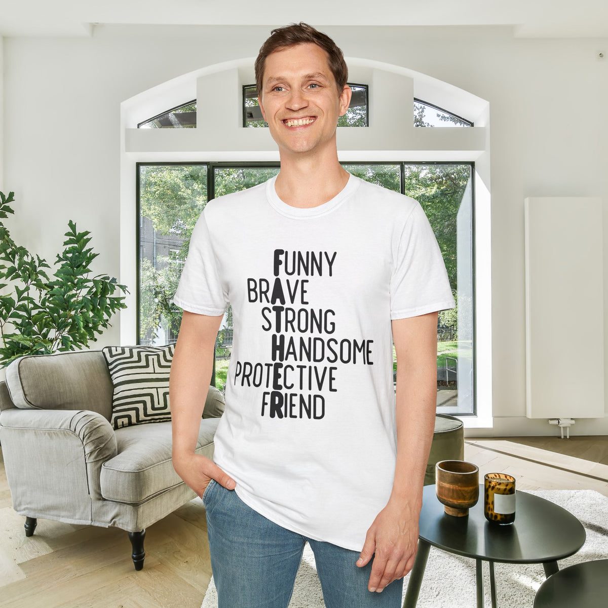 Father: Funny, Brave, Strong, Handsome, Protective, Friend Adult T-shirt