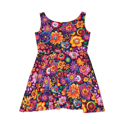 Vivid Floral on Black Women's Skater Dress - Fun Spring Floral Dress for Every Occasion