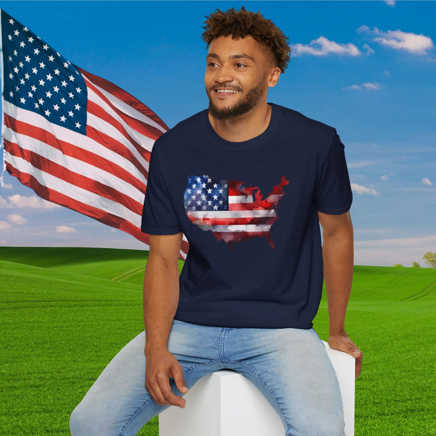 American-Shaped Flag Watercolor Adult T-Shirt