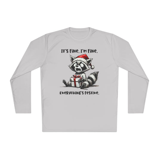 It's Fine I'm Fine Everything's Festive (Racoon) Adult Long Sleeve Tee