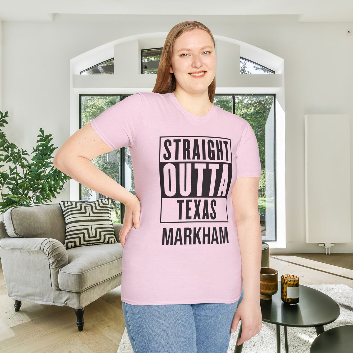 Straight Outta Texas (Light Colors, Black Text) Adult T-shirt