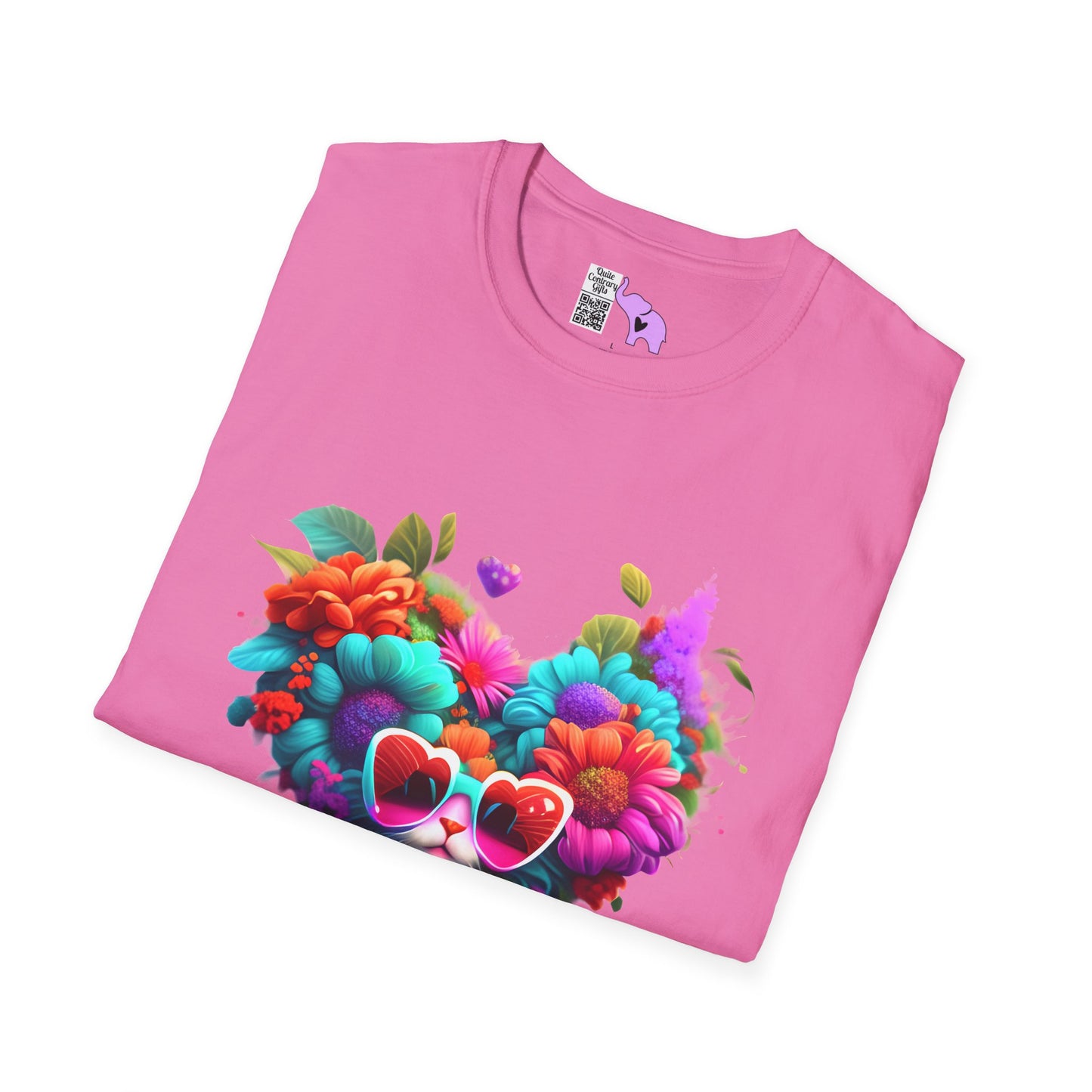 Colorful Flowers/Heart Kitten Adult T-shirt