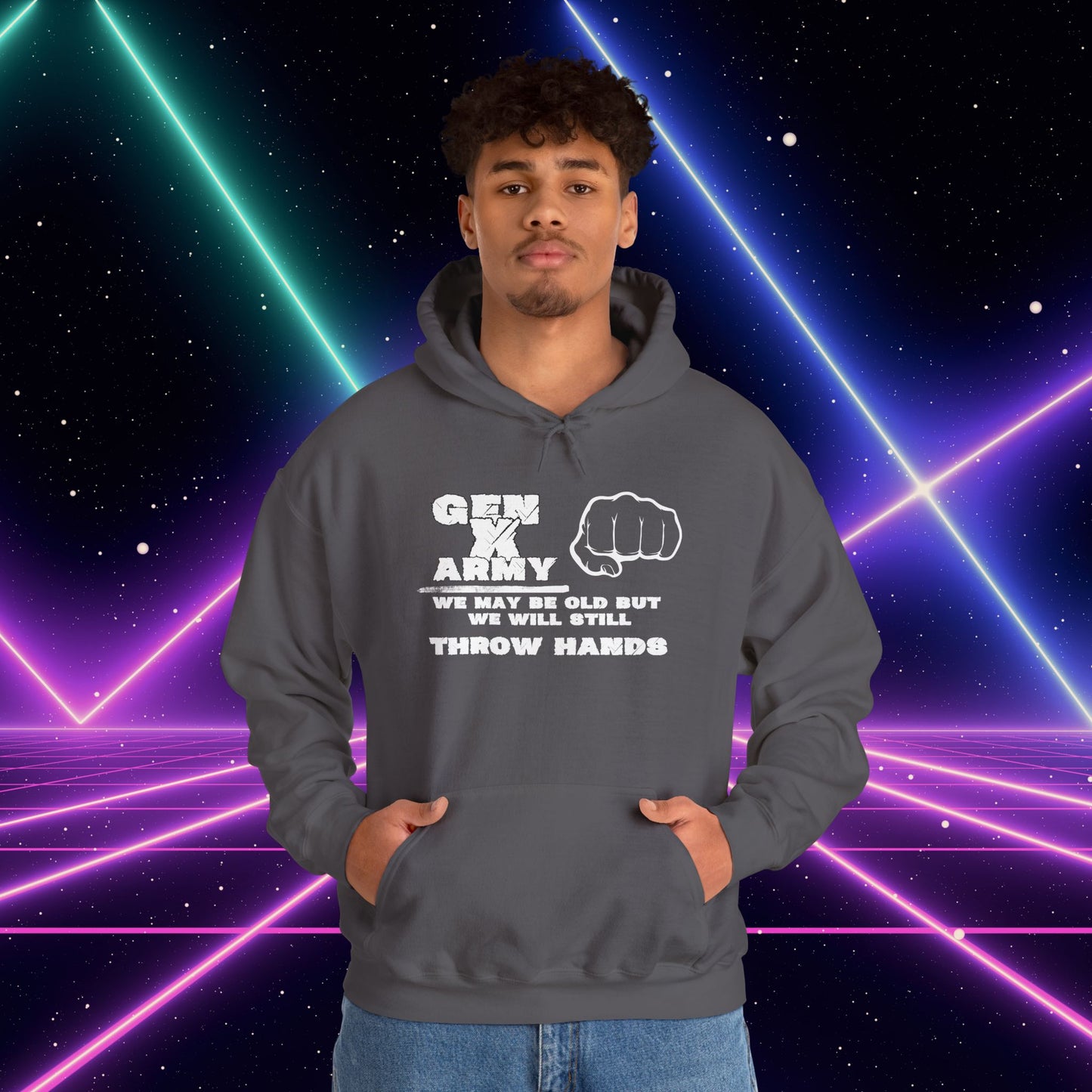 Gen X Army We May Be Old But We Will Still Throw Hands Heavy Blend™ Hooded Sweatshirt