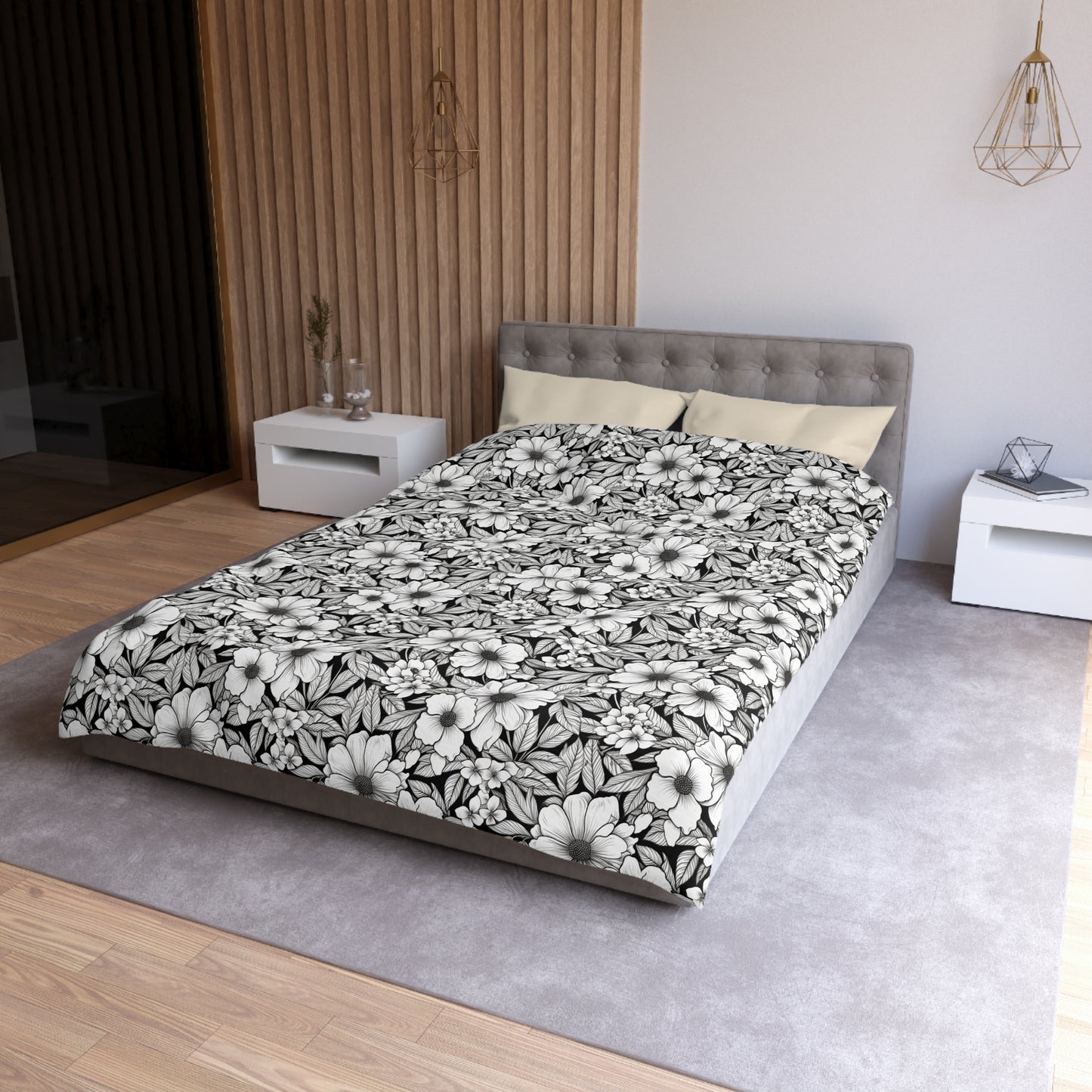 Black & White Forget-Me-Nots Microfiber Duvet Cover