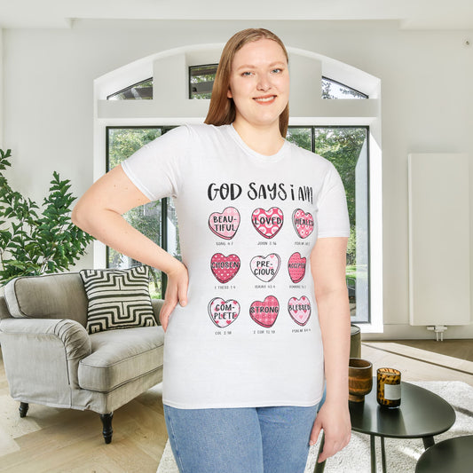 God Says I Am... (Conversation Hearts) Adult T-shirt