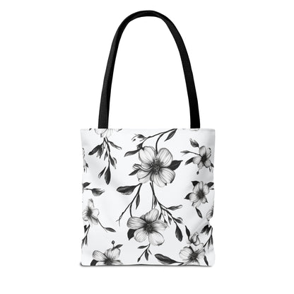 Black & White Five Petal Floral Canvas Tote Bag