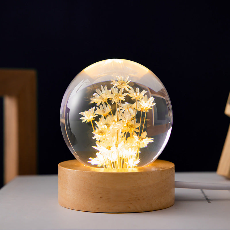 Flower Crystal Ball Night Lamp With Wooden Base