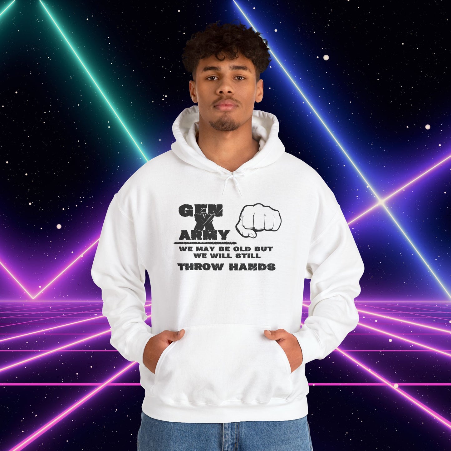 Gen X Army We May Be Old But We Will Still Throw Hands Heavy Blend™ Hooded Sweatshirt