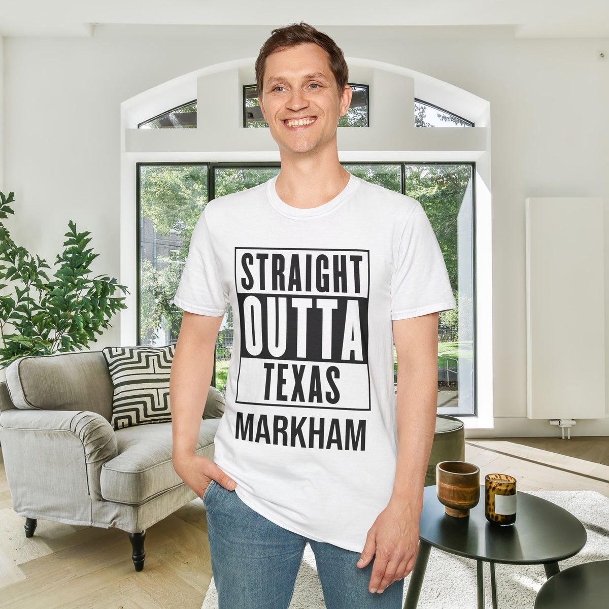 Straight Outta Texas (Light Colors, Black Text) Adult T-shirt