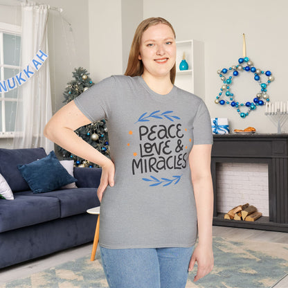 Hanukkah Peace Love & Miracles 2 Adult T-shirt