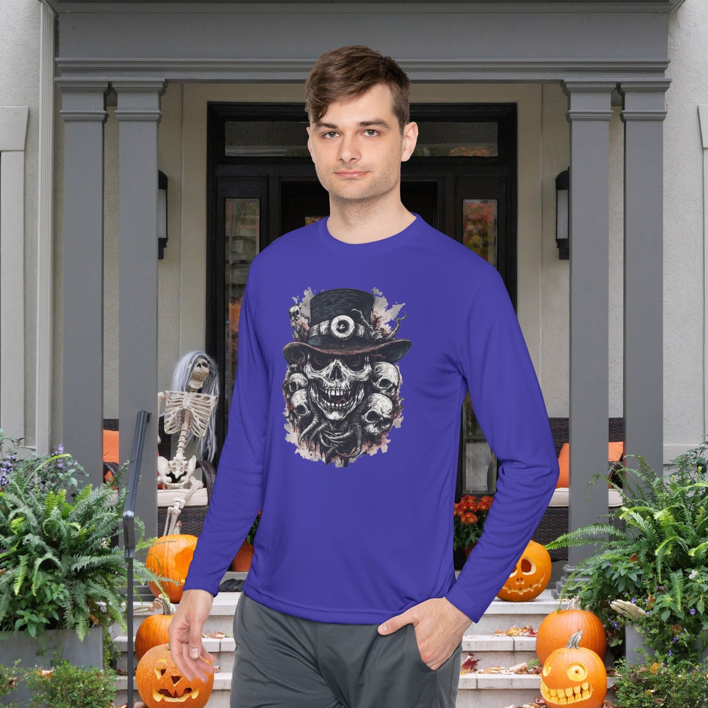 Creepy Skull w/Top Hat Adult Long Sleeve Tee