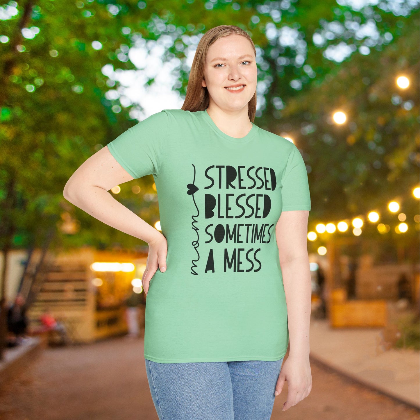 Mama Stressed Blessed Sometimes A Mess Adult T-shirt