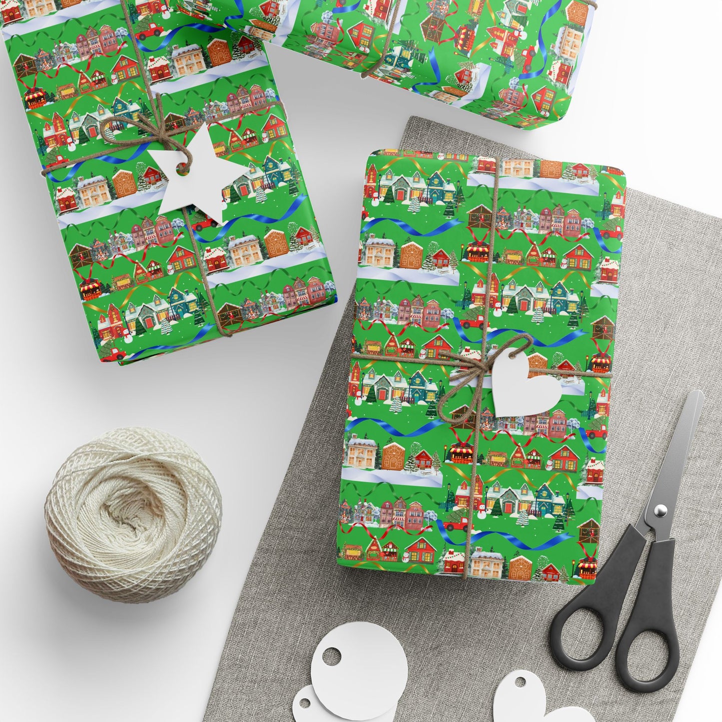 Colorful Christmas Village Green Wrapping Paper