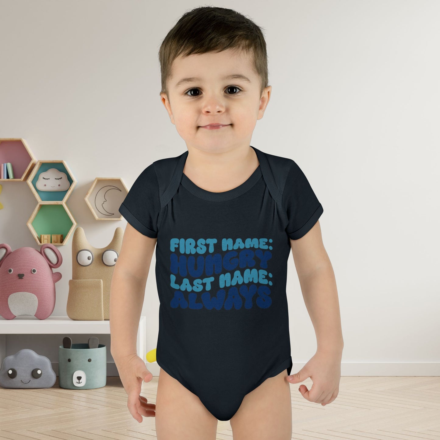 First Name: Hungry Last Name: Always Infant Baby Rib Bodysuit