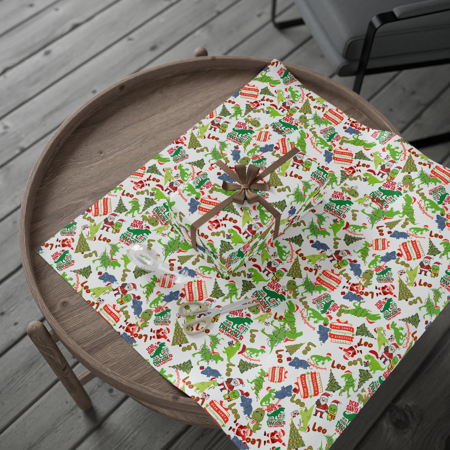 Dinosaur Santa Themed Custom Name Wrapping Paper (Leo)
