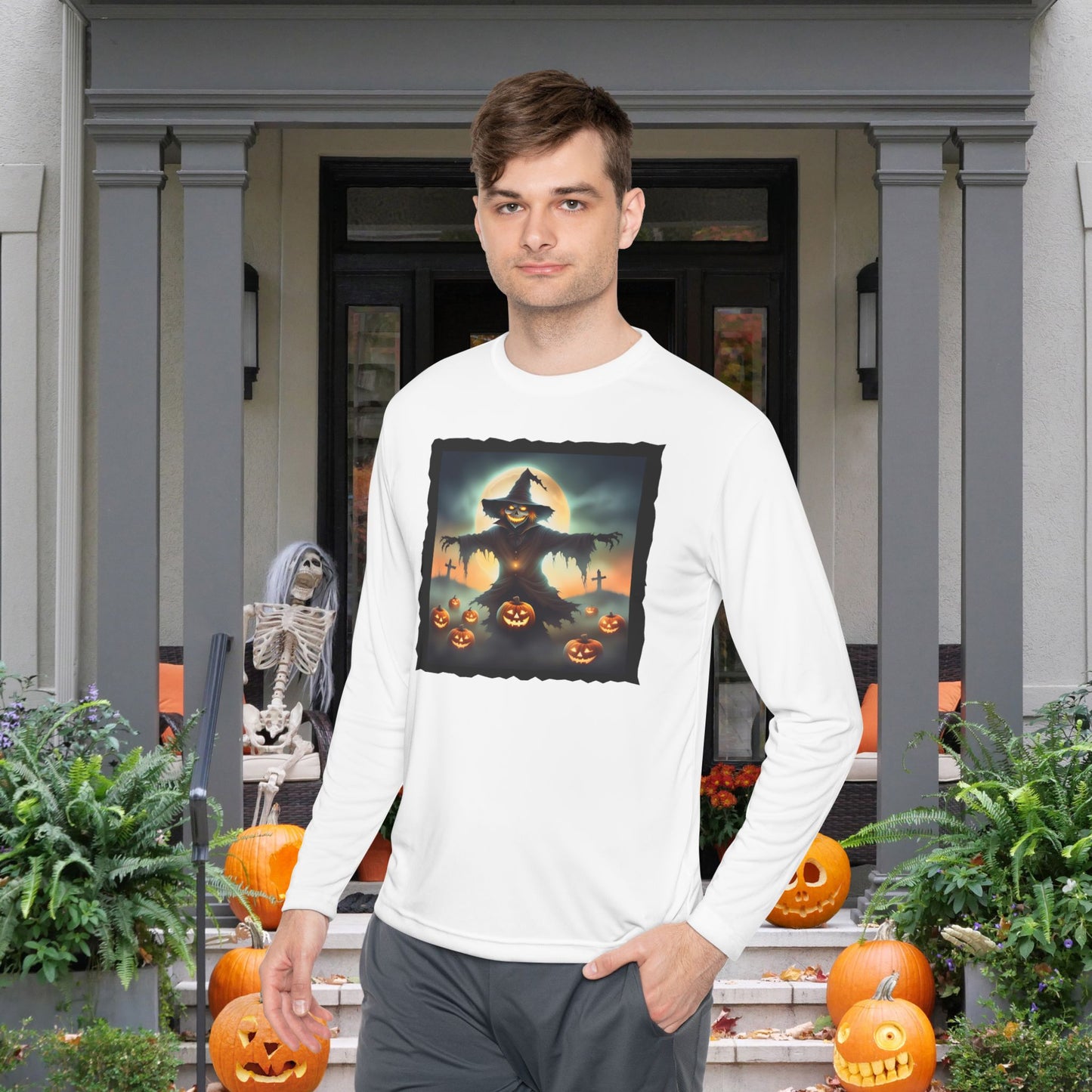 Halloween Scarecrow w/Pumpkins 2 Adult Long Sleeve Tee