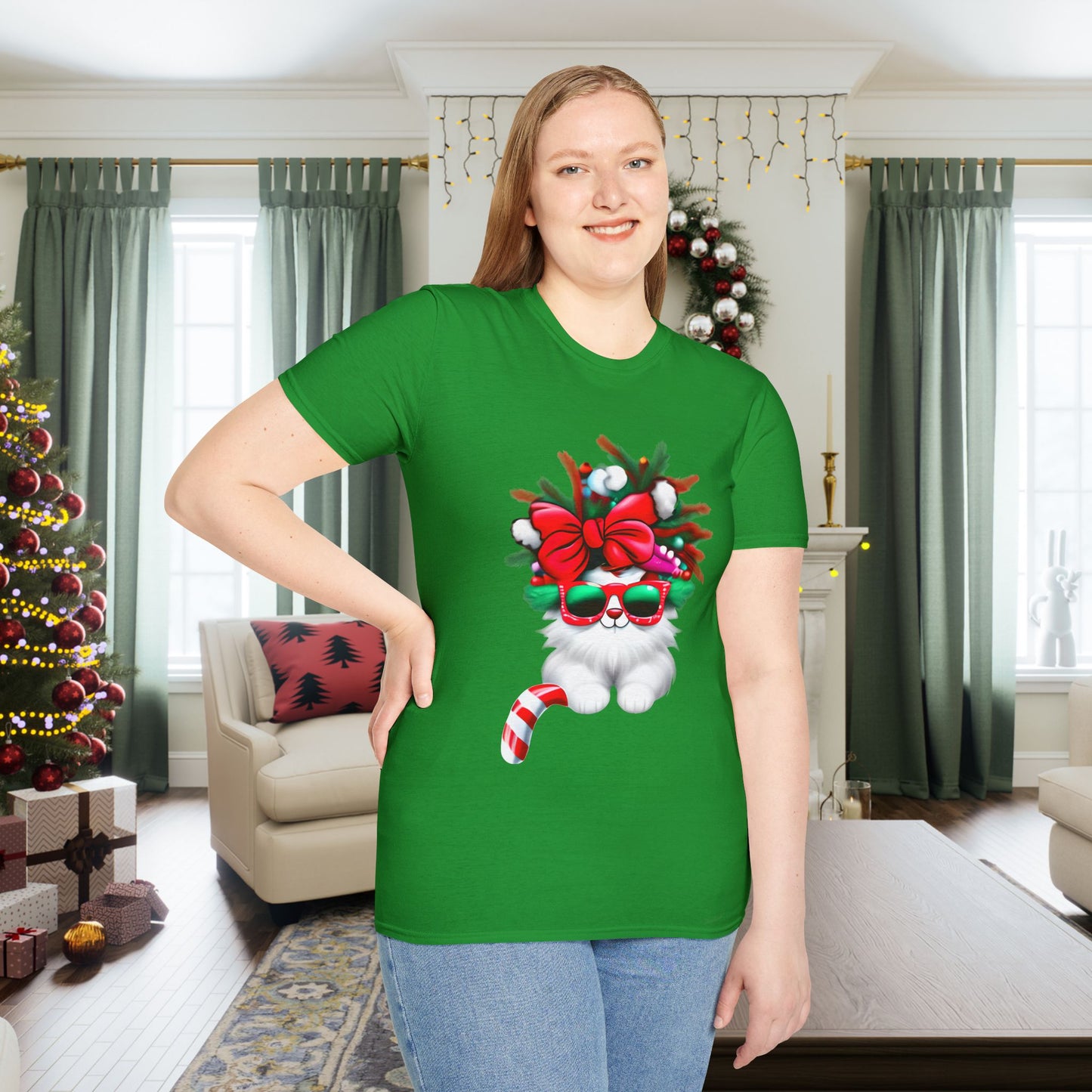 White Candy Cane Kitten Adult T-shirt